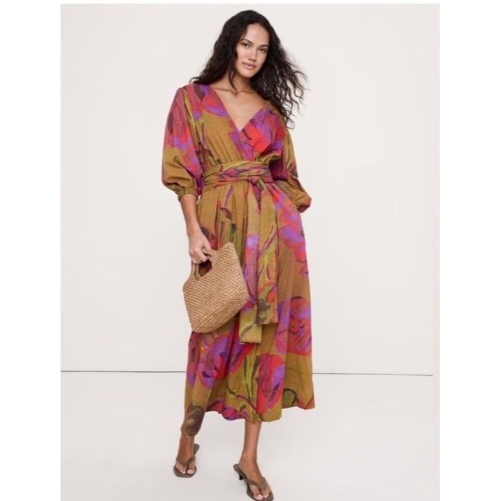 Floral Wrap Midi Dress in Olive and Pink